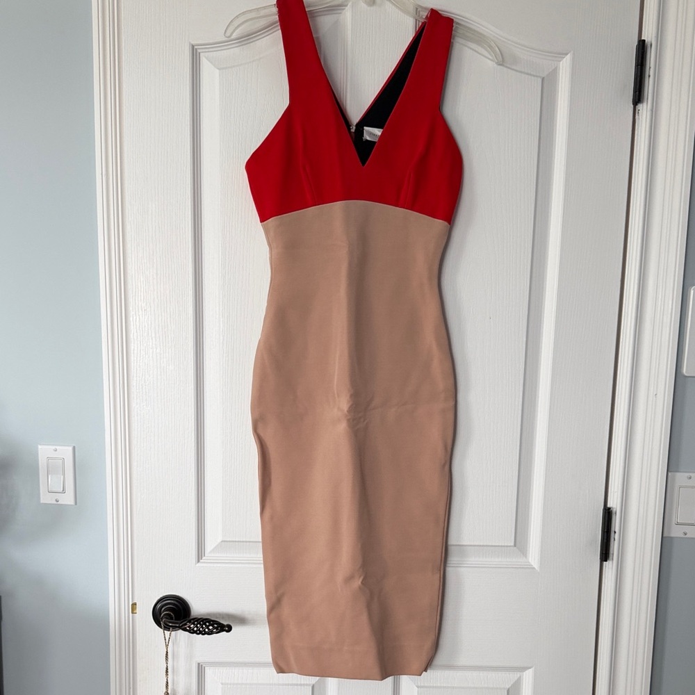 Victoria Beckham Red and Nude Two-Tone V-Neck Midi Dress